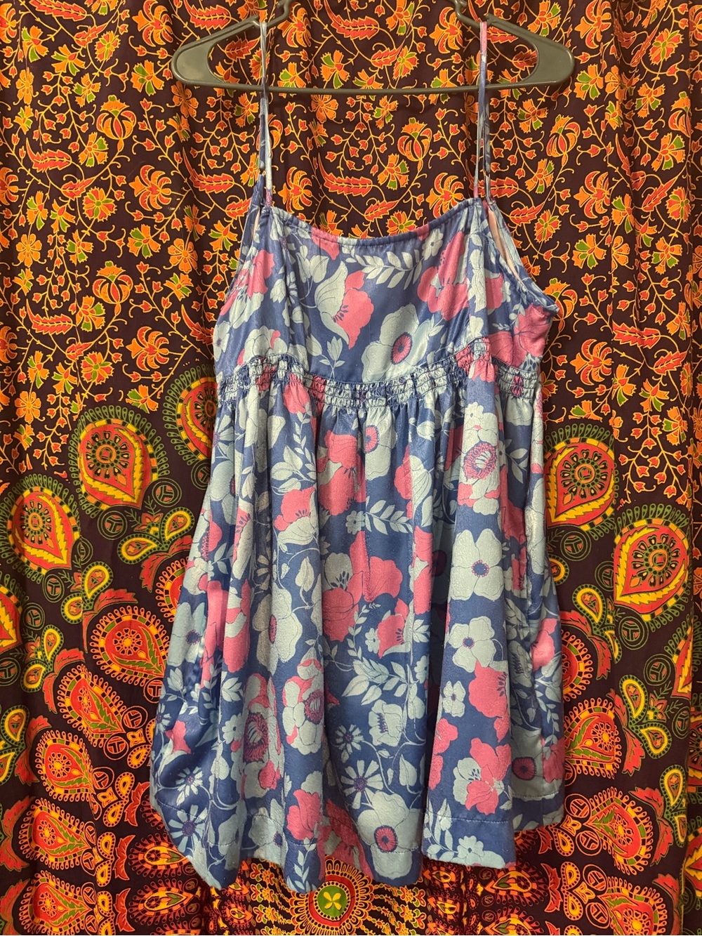 Free People Silky Blue Floral Far Out Floral Printed Tunic/Dress with pockets L